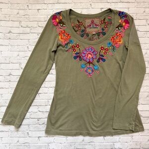 Johnny Was Olive Long Sleeve Scoop Neck Top with Bright Floral Embroidery